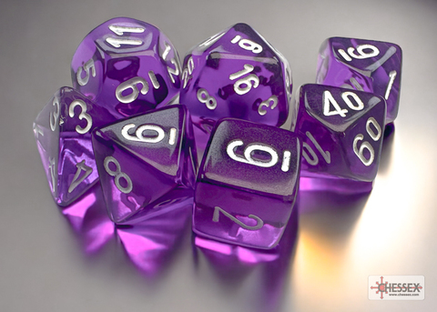 Translucent Mini-Polyhedral Purple/white 7-Die Set - zum Schließ en ins Bild klicken