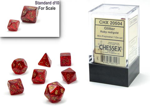 Glitter Mini-Polyhedral Ruby/gold 7-Die Set - zum Schließ en ins Bild klicken
