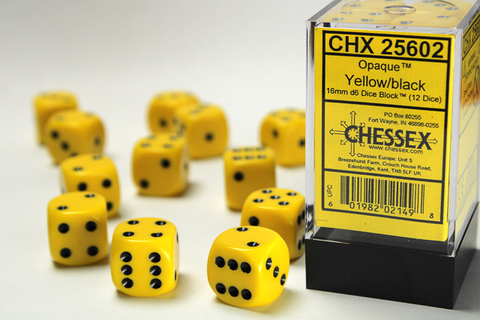 Dice Set Yellow/Black Opaque 16mm d6 (12) - zum Schließ en ins Bild klicken