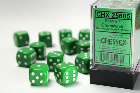 Opaque 16mm d6 Green/white Dice Block™ (12 dice) - zum Schließ en ins Bild klicken