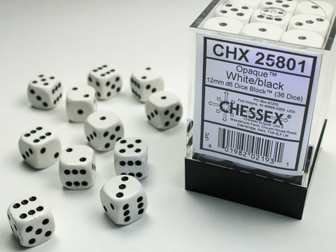 Opaque 12mm d6 White/black Dice Block™ (36 dice) - zum Schließ en ins Bild klicken