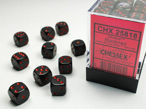 Opaque 12mm d6 Black/red Dice Block™ (36 dice) - zum Schließ en ins Bild klicken