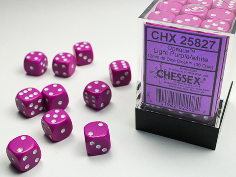 Opaque 12mm d6 Light Purple/white Dice Block™ (36 dice) - zum Schließ en ins Bild klicken