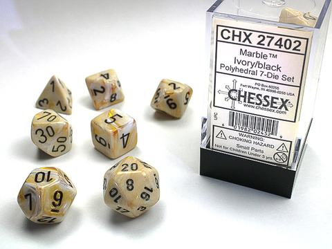 RPG Dice Set Ivory/Black Marbleized Polyhedral 7-Die Set - zum Schließ en ins Bild klicken