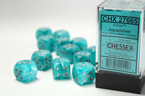 Cirrus® 16mm d6 Aqua/silver Dice Block™ (12 dice) - zum Schließ en ins Bild klicken