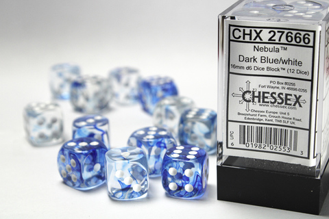 Nebula® 16mm d6 Dark Blue/white Dice Block™ (12 dice) - zum Schließ en ins Bild klicken