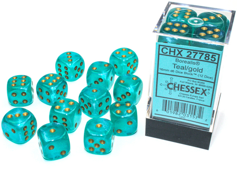 Borealis® 16mm d6 Teal/gold Luminary™ Dice Block™ (12 dice) - zum Schließ en ins Bild klicken