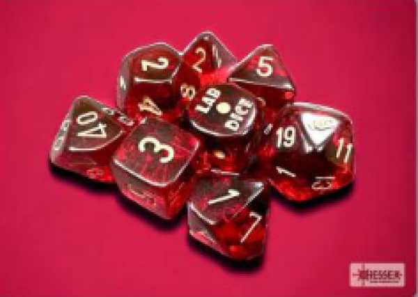 Translucent Polyhedral Crimson/gold 7-Die Set (with bonus die) - zum Schließ en ins Bild klicken