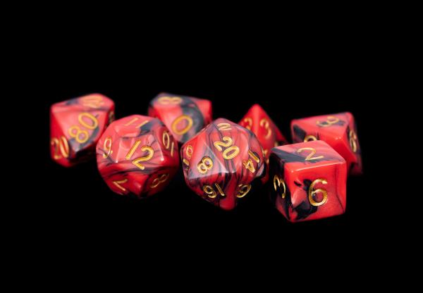 16mm Acrylic Dice Set Red/Black with Gold Numbers - zum Schließ en ins Bild klicken