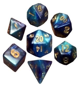 Mini Polyhedral Dice Set: Dark Blue/Light Blue with Gold Numbers - zum Schließ en ins Bild klicken