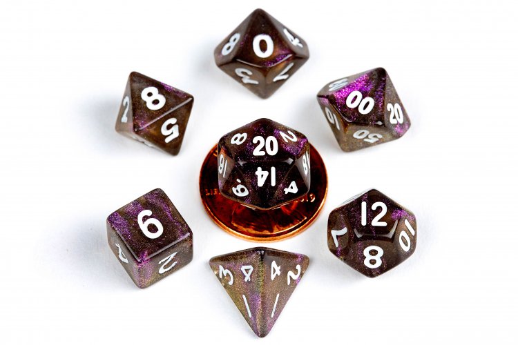 10mm Mini Stardust Acrylic Poly Dice Set: Supervolcano - zum Schließ en ins Bild klicken